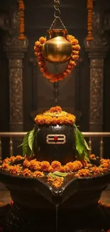 Sacred temple decoration with floral garlands and a symbolic idol.