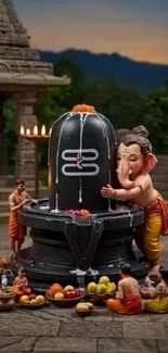 A detailed temple scene with a sculpture and ritual setup during the evening.