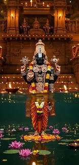 Ornate Hindu temple statue with lotus flowers.