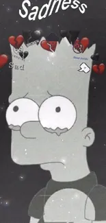 Sad cartoon character in grayscale with hearts.