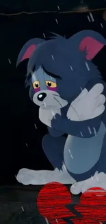 Sad cartoon cat in rain with heartbroken expression, moody tones.