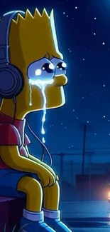 Cartoon character with headphones crying at night.