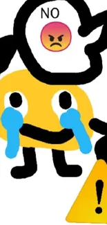 Sad cartoon emoji with warning sign on a mobile wallpaper.