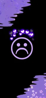 Sad emoji with purple hearts and glow on a dark background wallpaper.