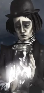 Sad mime holding a glowing jar with butterflies under a starry night sky.