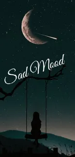 Silhouette on a swing under crescent moon, sad mood wallpaper.