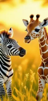 Zebra and giraffe standing in a golden field at sunset.