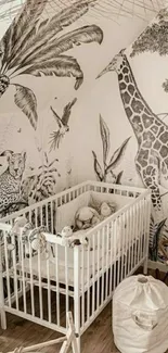 Safari themed nursery with giraffe mural and crib.