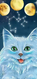 Sagittarius zodiac cat with moon phases and constellation in a starry sky.