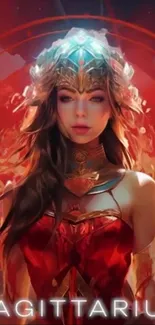 Mystical Sagittarius woman in intricate red attire.