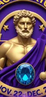 Sagittarius zodiac art with purple and gold hues, featuring a gemstone.