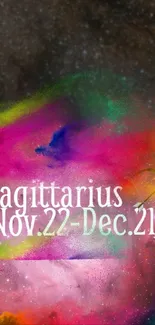 Colorful Sagittarius zodiac wallpaper with vibrant nebulae.