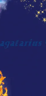 Sagittarius zodiac wallpaper with stars, fire, and deep blue background.