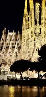 Sagrada Familia illuminated at night, reflecting beautifully in a pond.