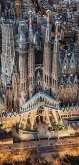 Aerial view of Sagrada Familia at night in Barcelona