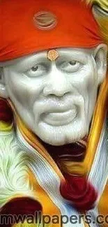 Artistic Sai Baba portrait with vibrant colors.