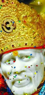 Sai Baba with intricate gold crown, spiritual aura.