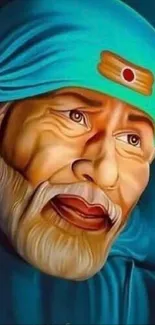 Sai Baba portrait with teal headscarf on mobile wallpaper.