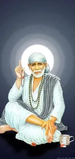 Sai Baba sitting with serene navy background.