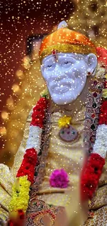 Sai Baba adorned with golden aura and vibrant flowers, spreading divine peace.