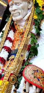 Sai Baba adorned in vibrant colors with intricate details.