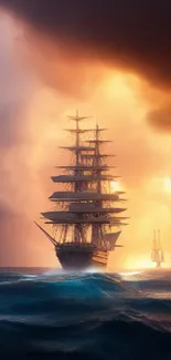 Majestic ship sailing into a dramatic sunset over the ocean.