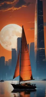 Sailboat in front of a cityscape and moonlit sky.