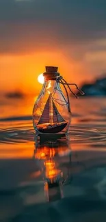 Sailboat in a bottle amidst a sunset on water