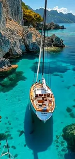 Sailboat in vivid turquoise waters by cliffs.