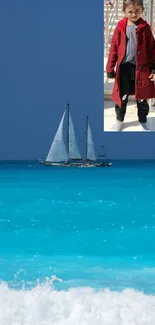 Sailboat on vibrant blue ocean with clear sky and horizon.