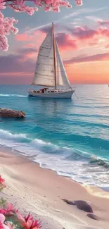 Sailboat on serene ocean at sunset with vibrant pink sky and blooming flowers.