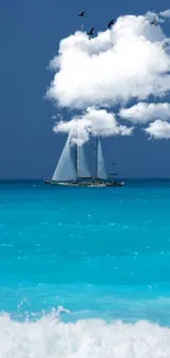 Sailboat with clouds and birds over turquoise sea.