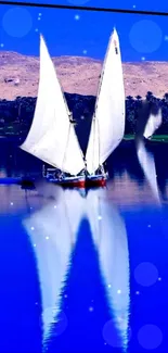 Sailboat on tranquil blue waters with white sails and scenic backdrop.