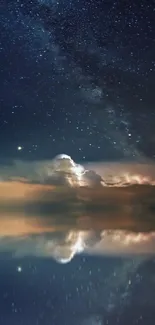 A sailboat under a clear, starry sky with a reflective water surface at night.