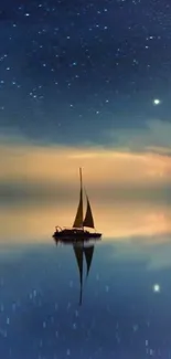 Sailboat reflecting beneath a starry night sky on calm waters.