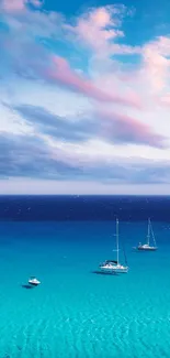 Serene sailboats on turquoise ocean under pastel sky.