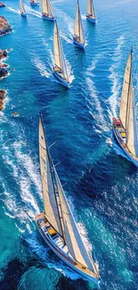 Aerial view of elegant sailboats on vibrant turquoise sea near rocky coastline.