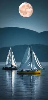 Sailboats drifting under a full moon, serene night over the ocean.