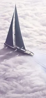 Sailboat gliding above soft white clouds in a dreamlike scene.