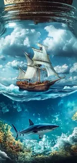 A ship and shark inside a glass jar creating a surreal ocean scene.