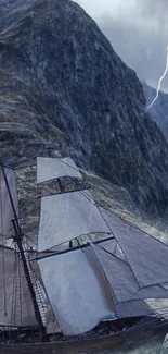 Sailing ship amid stormy mountainous backdrop with lightning.