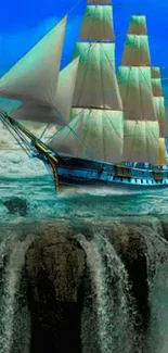 Majestic ship sailing near a waterfall.