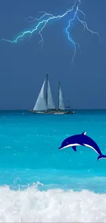 Ocean wallpaper with sailing boat, dolphin, and lightning under a blue sky.