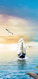 Sailing ship in tranquil ocean with dolphin and seagulls under vibrant sky.