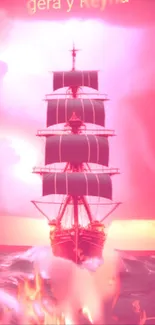 Sailing ship against vibrant pink seascape wallpaper.