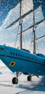 Sailing ship fused with airplane in snowy landscape.