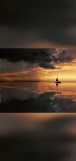 Sailboat under a stormy sunset sky, reflected in calm water.