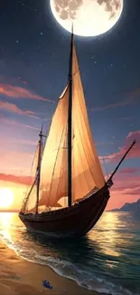 Sailing boat with sunset and moonlit ocean view wallpaper.