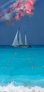 Sailing boat on a turquoise ocean with floral elements.