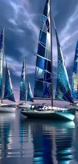 Sailing boats against a sunset on calm water with reflections.